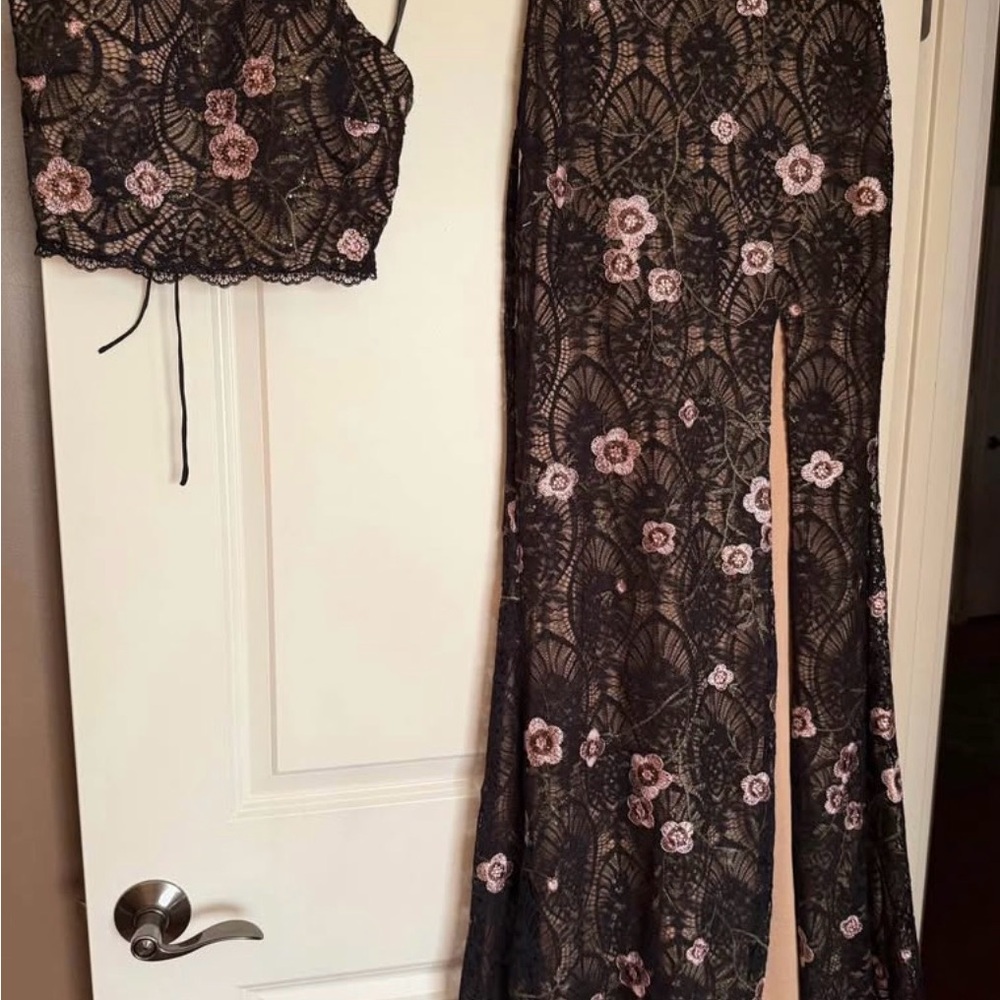 Rachel Allan Black and Pink Lace Prom Dress
